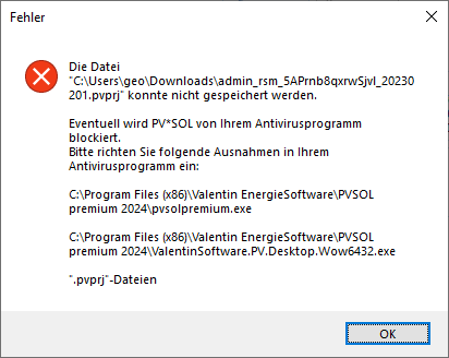 PVSol Fehlermeldung