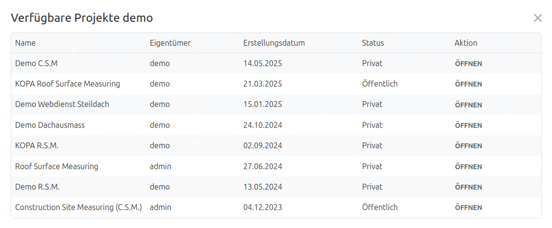 Verfuegbare Projekte anzeigen